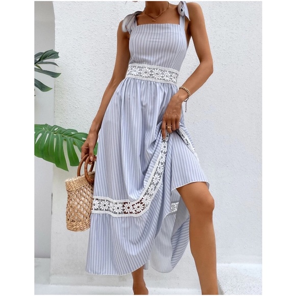 Boho Stripes Floral Lace Inserts Tie Maxi Dress - Picture 6 of 12